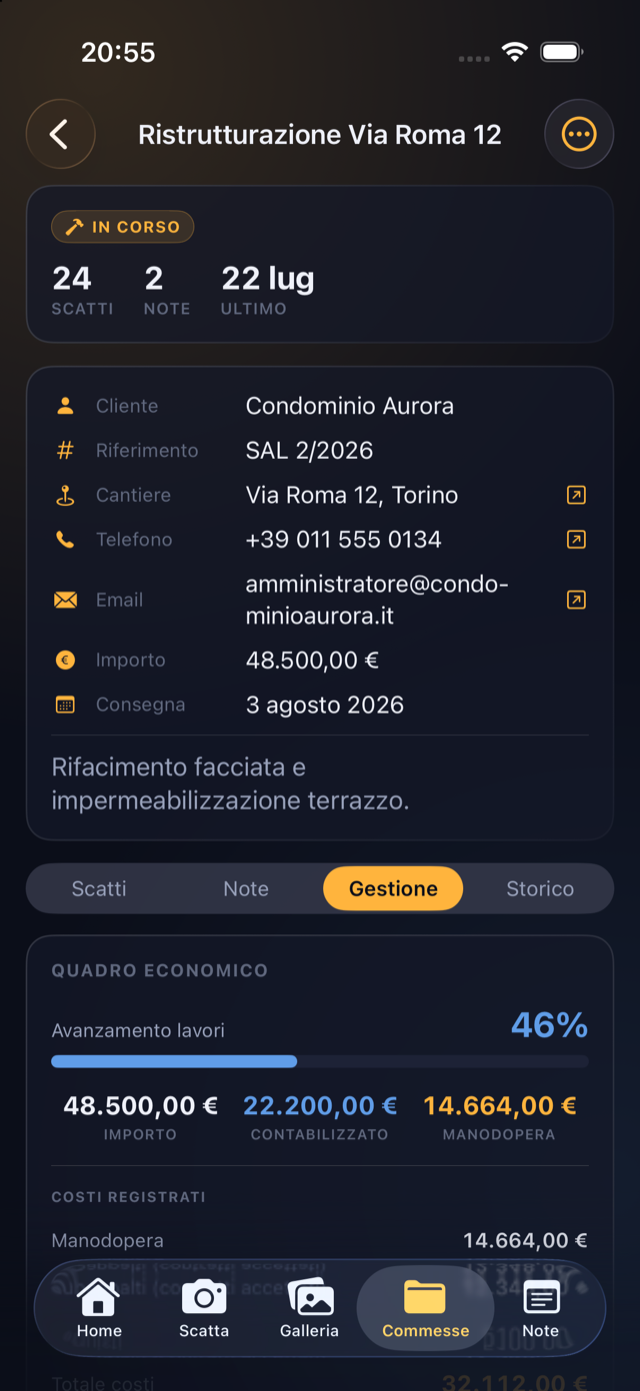 Il quadro economico di una commessa in CantierePro: avanzamento lavori, importo, contabilizzato e manodopera